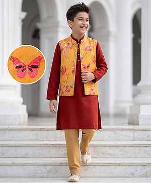 Pine Kids Woven Full Sleeves Kurta Pyjama Set and Waistcoat with Floral Print in Rust Orange