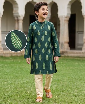 Pine Kids Woven Full Sleeves Kurta Pyjama Set With Leaf Embroidery - Green
