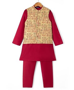 Pine Kids Woven Full Sleeves Kurta Pyjama Set and Waistcoat with Geometric Print - Maroon