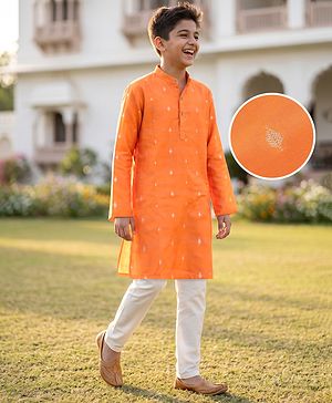 Pine Kids Woven Full Sleeves Printed Kurta Pyjama Set - Orange