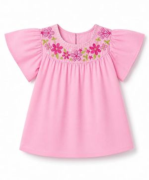 Pine Kids Cotton Woven Half Flutter Sleeves Floral Embroidered - Pink