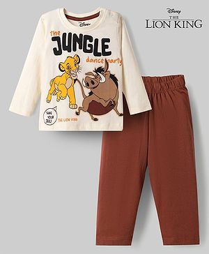 Babyhug Disney Single Jersey Knit Full Sleeves T-Shirt & Pyjama Night Suit Lion King Print - White & Brown