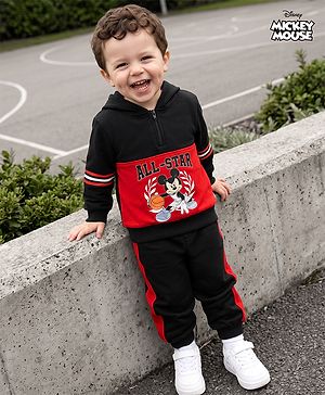 Babyhug Disney 100% Cotton Terry Knit Full Sleeves Hooded Sweatshirt and Pant with Mickey Mouse Graphic & Cut & Sew in Black