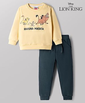 Babyhug Disney Terry Knit Fell Sleeves Sweatshirt and Joggers Set With Simba Timon and Pumbaa Print - Yellow