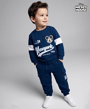 Babyhug Disney Terry Knit Full Sleeves TSweatshirt & Track Pant Set With Mickey Mouse Graphic - Navy Blue