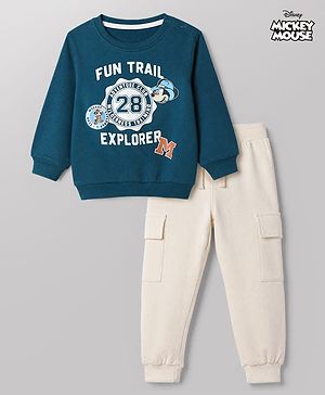 Babyhug Disney Terry Knit Full Sleeves Sweatshirt & Joggers Set with Mickey Mouse Graphic - Teal Blue
