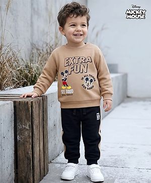Babyhug Disney Terry Knit Full Sleeves Sweatshirt & Joggers Set With Mickey Mouse Graphic - Tan