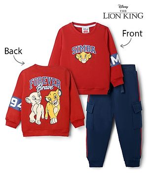 Babyhug Disney Terry Knit Full Sleeves Sweatshirt & Joggers Set with Simba & Friends Graphic at Front & Back - Red & Navy Blue