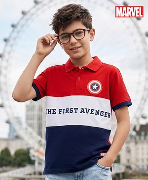 Pine Kids Marvel 100% Cotton Knit Polo T-Shirt with Half Sleeves and Shield Print - Red