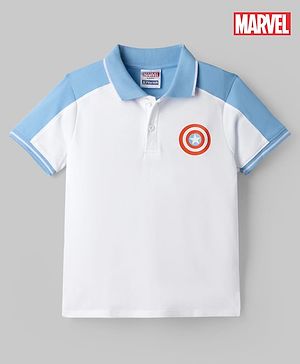 Pine Kids Marvel Cotton Knit Pique Polo T-Shirt with Half Sleeves and Captain America Print - White