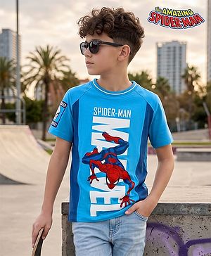 Pine Kids Marvel 100% Cotton Single Jersey Knit T-Shirt with Raglan Half Sleeves and Spider Man Graphic Print - Blue