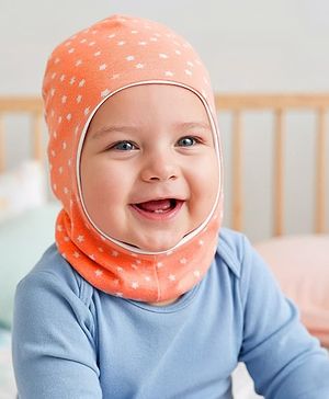 Babyhug Cotton Knit Reversible Monkey Cap With Star Design Light Peach - Diameter 14.5 cm