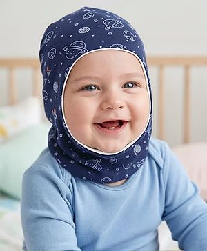 Babyhug Cotton Knit Reversible Monkey Cap With Star Design Navy Blue - Diameter 14.5 cm