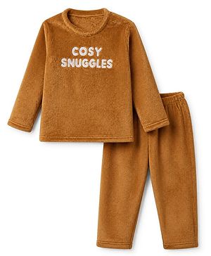 Babyhug Velour Knit Full Sleeves T-Shirt & Pajama Winter Night Suit with Cosy Snuggles in Brown