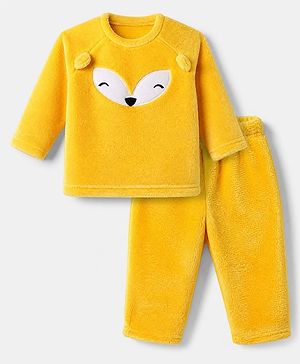 Babyhug Velour Knit Full Raglan Sleeves T-Shirt & Pajama Winter Night Suit with Fox Patch & Applique - Yellow
