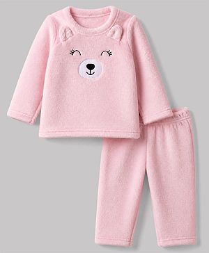 Babyhug Velour Knit Full Sleeves T-Shirt & Pajama Winter Night Suit with Bear Patch in Pink