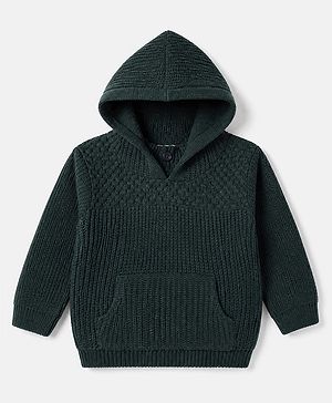 Babyhug Knit Hooded Sweater with Full Sleeves in Olive Green
