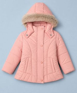 Babyhug Woven Front Open Padded Quilted Hooded Winter Jacket with Full Sleeves - Pink