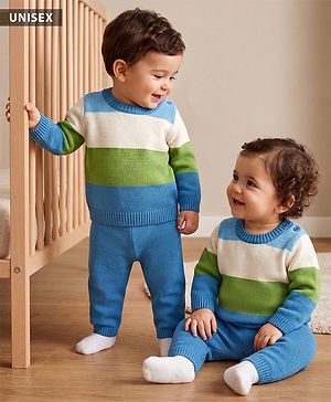 Babyhug Knit Full Sleeves Striped Sweater Set - Blue