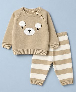 Babyhug Knit Full Sleeves Sweater and Pant with Bear 3D Applique in Beige for 0-3 Months
