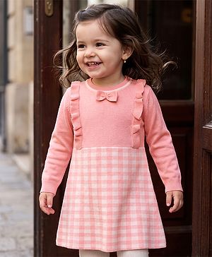 Babyhug Sweater-knit Full Sleeves Checks Woolen Dress with Bow Applique & Frill Detailing - Pink