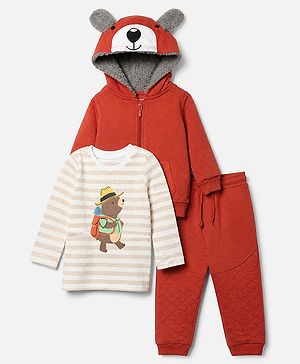 Babyhug 100% Cotton Terry Knit Full Sleeves Hooded Jacket & Joggers Set With Applique & Bear Printed Inner Tee - Orange