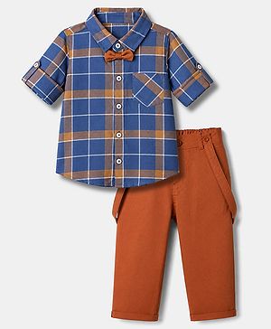 Babyhug 100% Cotton Woven Full Sleeves Checked Shirt and Pant Set - Brown