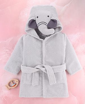 Babyhug Velour Microfiber Knit Full Sleeves Hooded Bath Robe With Elephant Embroidery & Ear Applique - Grey