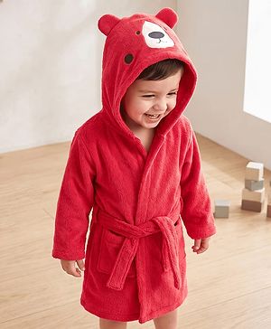 Babyhug Velour Microfiber Knit Full Sleeves Hooded Bath Robe With Bear Embroidery & Ear Applique - Red