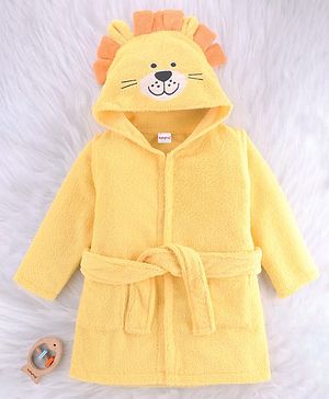Babyhug Velour Microfiber Knit Full Sleeves Hooded Bath Robe With Tiger Embroidery & Ear Applique - Yellow