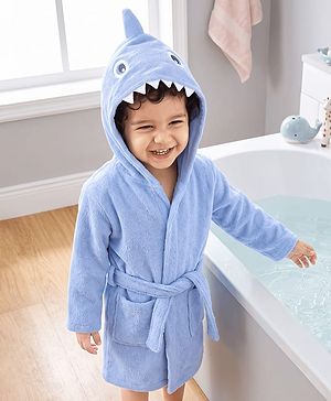 Babyhug Velour Microfiber Knit Full Sleeves Hooded Bath Robe With Shark Embroidery & Ear Applique - Light Blue