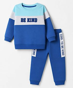 Babyhug 100% Cotton Terry Knit Full Sleeves T-Shirt & Joggers Set With Text Print - Blue