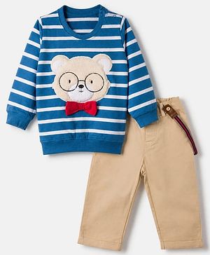 Babyhug 100% Cotton Single Jersey Knit Full Sleeves Striped T-Shirt and Pant with Suspender and Bear Patch - Blue