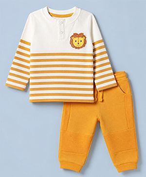 Babyhug 100% Cotton Terry Knit Full Sleeves T-Shirt & Joggers Set With Tiger Print - White & Light Orange
