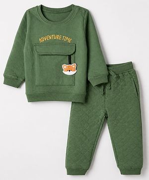 Babyhug 100% Cotton Terry Knit Full Sleeves T-Shirt & Joggers Set With Text Print & Fox Patch - Green