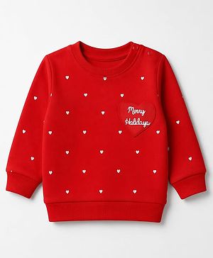 Babyhug HEAVY GAUGE 100% Cotton Terry Knit Full Sleeves Sweatshirt with Merry Holidays & Heart Print - Red