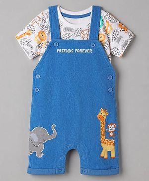 Babyhug 100% Cotton Single Jersey Knit Half Sleeves Dungaree With Animal Printed Inner Tee - White