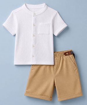 Babyhug 100% Cotton Woven Half Sleeves Shirt and Shorts Set with Suspender - White