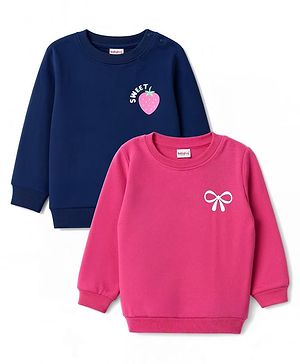 Babyhug Heavy Gauge 100% Cotton Terry Knit Full Sleeves Sweatshirt with Bow & Strawberry Print Pack of 2 - Dark Pink & Navy