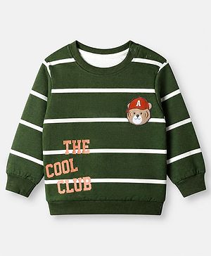 Babyhug 100% Cotton Heavy Gauge Terry Knit Striped Sweatshirt with Full Sleeves & Bear Patch with The Cool Club Text Print - Olive Green