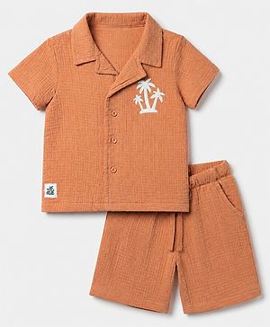 Babyhug 100% Cotton Woven Half Sleeves Shirt and Shorts with Palm Trees Embroidery in Brown for 12-18 Months