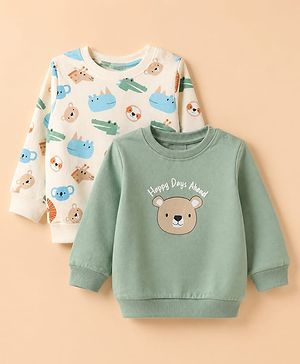 Babyhug Heavy Gauge Terry Sweatshirts with Full Sleeves and Bear & Animal Print Pack of 2 - Green & White