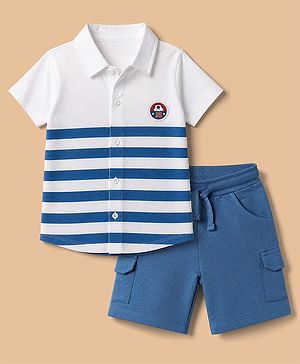 Babyhug 100% Cotton Knit Half Sleeves Striped Shirt & Shorts Set With Soccer Ball Patch - White
