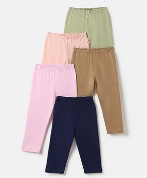 Babyhug Cotton Lycra Knit Full Length Solid Leggings Pack Of 5 - Navy Blue Pink Olive Green & Brown