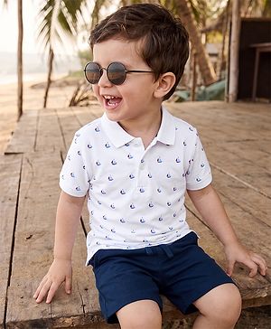Babyhug 100% Cotton Single Jersey Knit Half Sleeves T-Shirt and Shorts Set With Boat Print - Blue & White