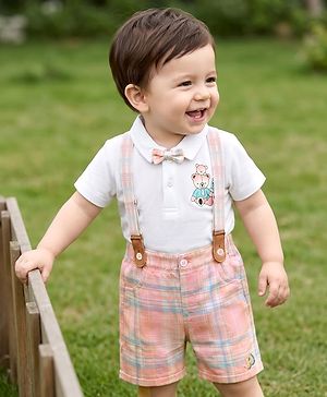 Babyhug 100% Cotton Knit Half Sleeves Striped T-Shirt and Shorts Set With Bear Print & Bow & Suspender - White