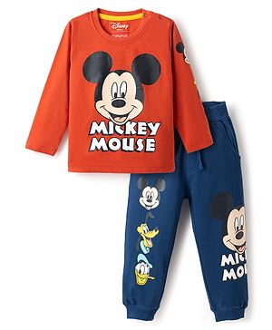 Babyhug Disney 100% Cotton Knit Full Sleeves T-Shirt & Joggers Set With Mickey Mouse Graphics - Red & Navy Blue