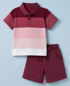 Babyhug 100% Cotton Knit Half Sleeves Striped T-Shirt and Shorts Set - Pink & Maroon