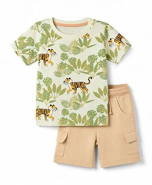 Babyhug 100% Cotton Knit Half Sleeves Jungle Theme Printed T-Shirt & Shorts Set - Olive Green
