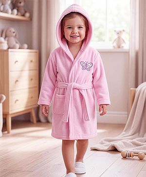 Babyhug Knit Terry Full Sleeves Bath Robe With Butterfly Embroidery - Pink